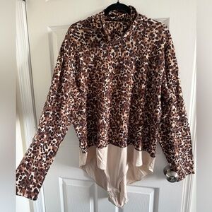 NWOT Isaac Mizrahi QVC Brown Beige Leopard Print Long Sleeve Bodysuit Plus 2X